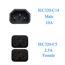 Load image into Gallery viewer, 0.3M/0.9FT IEC320 C14 TO 2*C5 power cable cord,C14 3 prong male to double 3 hole C5 female Adapter Cable