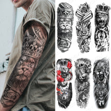 Load image into Gallery viewer, Large Arm Sleeve Tattoo Lion Crown King Rose Waterproof Temporary Tatoo Sticker Wild Wolf Tiger Men Full Skull Totem Tatto