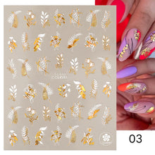 Load image into Gallery viewer, 1 Pc 3D Nail Stickers Leaves Sliders for Nails Gold White Bronzing Flowers Gradient Adhesive Sticker Nail Design Art Decorations
