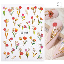 Load image into Gallery viewer, 1 Pc 3D Nail Stickers Leaves Sliders for Nails Gold White Bronzing Flowers Gradient Adhesive Sticker Nail Design Art Decorations
