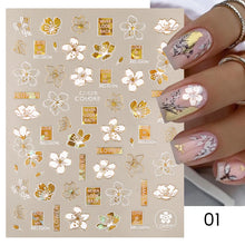 Load image into Gallery viewer, 1 Pc 3D Nail Stickers Leaves Sliders for Nails Gold White Bronzing Flowers Gradient Adhesive Sticker Nail Design Art Decorations
