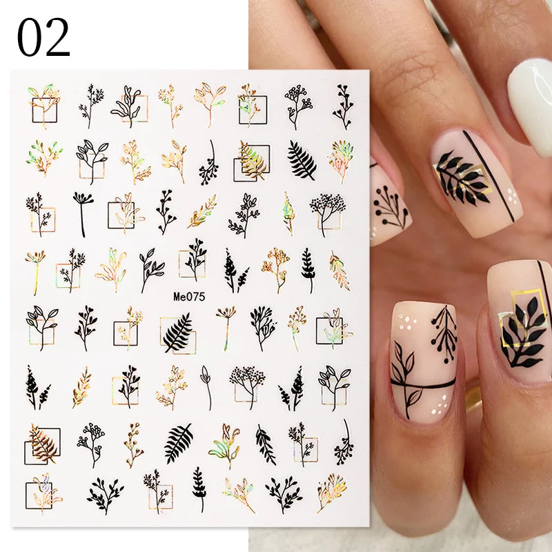 1 Pc 3D Nail Stickers Leaves Sliders for Nails Gold White Bronzing Flowers Gradient Adhesive Sticker Nail Design Art Decorations