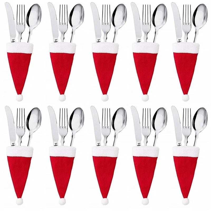 1/5/10pcs Christmas Fork Knife Cutlery Holder Bag Pocket Red Santa Hat Spoon Tableware Storage Bag for Dinner Table Decor