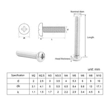 Load image into Gallery viewer, 10/20/50pcs Cross Recessed Pan Round Head  M1.2 M1.4 M1.6 M2 M2.5 M3 M4 M5 M6 M8 Stainless Steel Phillips Machine Screw
