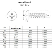 Load image into Gallery viewer, 100pcs M1 M1.2 M1.4 M1.7 M2 M2.6 M3 M3.5 Black Steel Mini Micro Phillips Flat Countersunk Round Pan Head Self tapping Wood Screw
