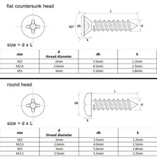 Load image into Gallery viewer, 100pcs M2 M2.6 M3 M3.5 Black Steel Mini Micro Small Phillips Flat Countersunk Head Cross Round Pan Head Self-tapping Wood Screw
