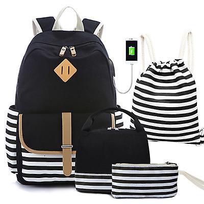 1# Usb Black 4 Pcs/Set Student Canvas Backpack Lunch Bag For Outdoor Travel Zf0632