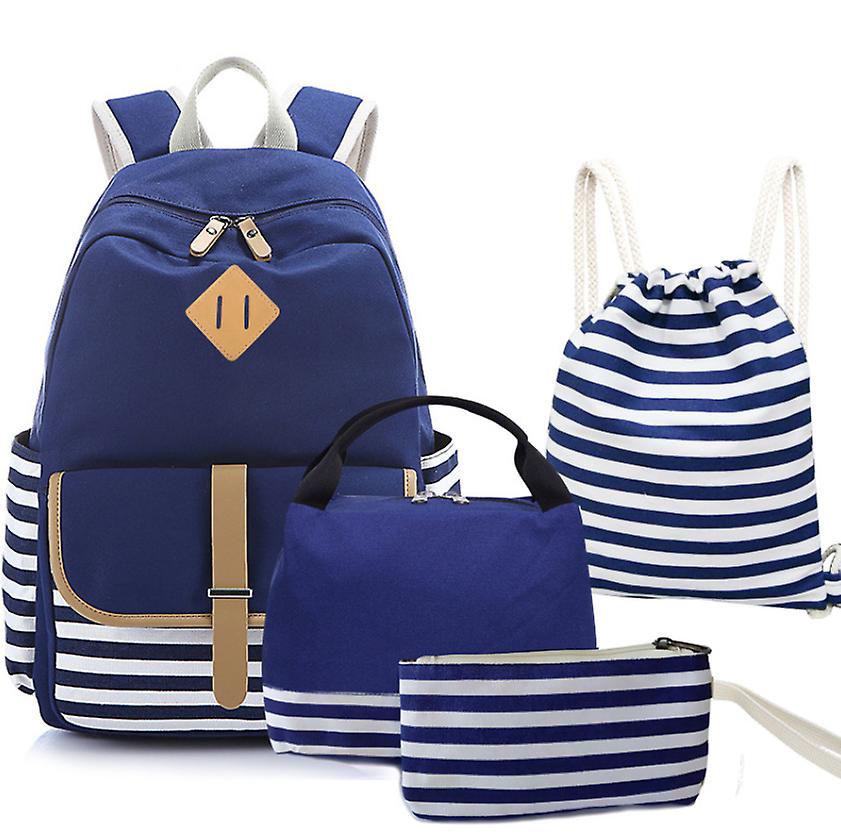 1# Royal Blue 4 Pcs/Set Student Canvas Backpack Lunch Bag For Outdoor Travel Zf0631