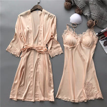 Load image into Gallery viewer, Summer Sexy Lace Women Robe Set V-Neck With Chest Pad Nightdress Cardigan Set Pyjamas
