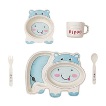 Load image into Gallery viewer, 5Pcs/set Cute Cartoon Animals Bamboo Fiber Kids Baby Children Solid Feeding Dinnerware Tableware Set Plate Bowl Cup Fork Spoon
