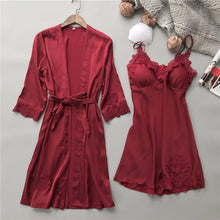 Load image into Gallery viewer, Summer Sexy Lace Women Robe Set V-Neck With Chest Pad Nightdress Cardigan Set Pyjamas
