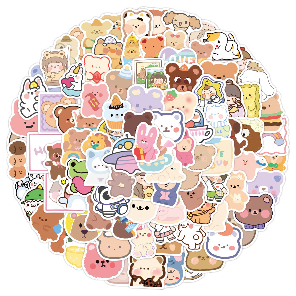 100pcs Cute Korean Bear Girl Ins Cartoon Character Journal Stickers Reusable Stationery Luggage Note Stickers