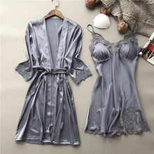 Load image into Gallery viewer, Summer Sexy Lace Women Robe Set V-Neck With Chest Pad Nightdress Cardigan Set Pyjamas
