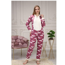 Load image into Gallery viewer, Women's Zippered Hooded Fleece Overalls Pajamas Set
